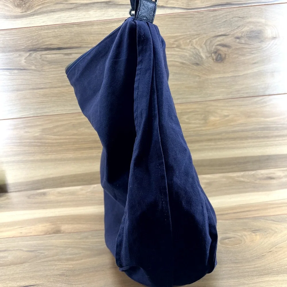 J Jill Large Navy Cotton Leather Trim Hobo Slouchy Shoulder Bag Zip